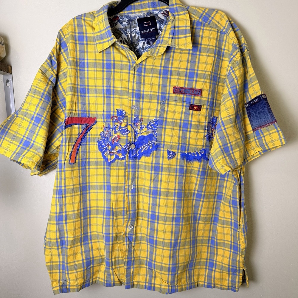 Bugle Boy Jean Company Shirt Mens XXL 2XL Yellow Plaid Short Sleeve Vintage 80s